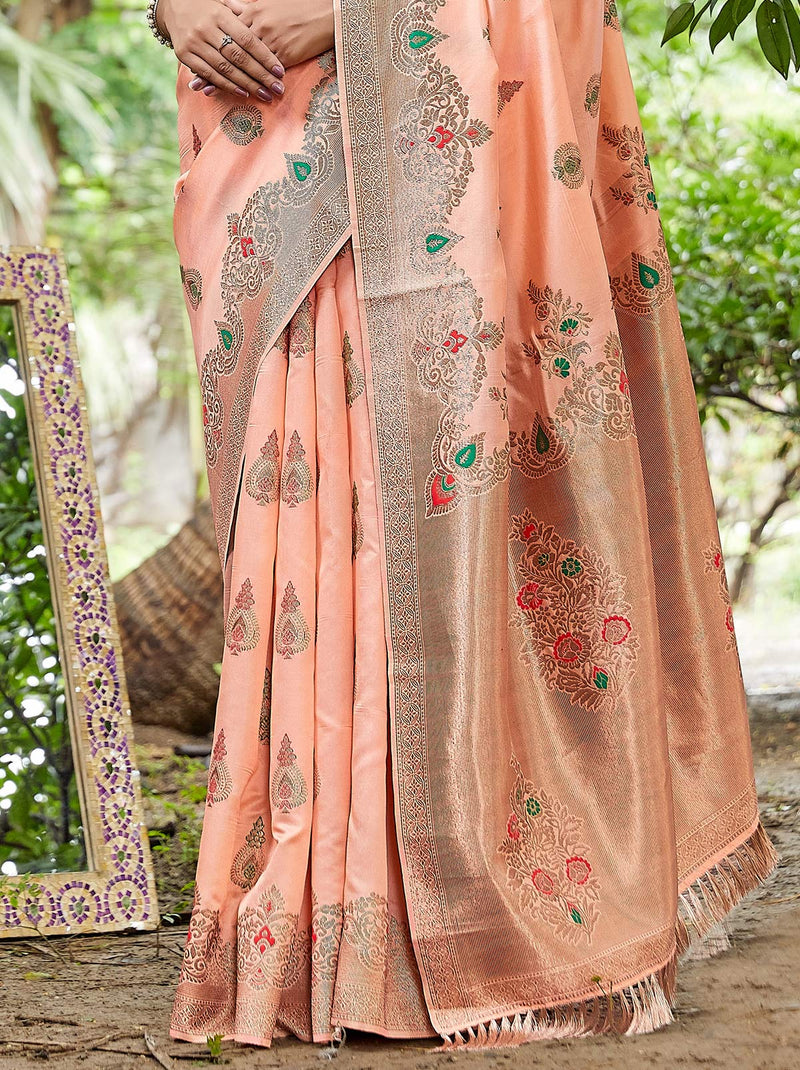 Exotic Zari Silk Blend Designer Peach Saree With Soft Zari Weaving - TrendOye