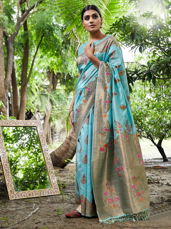 Classic Zari Silk Blend Designer Aqua Blue Saree With Soft Zari Weaving - TrendOye