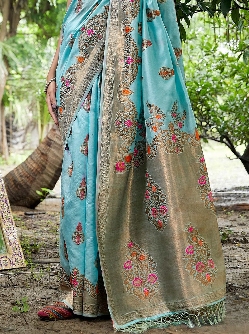 Classic Zari Silk Blend Designer Aqua Blue Saree With Soft Zari Weaving - TrendOye