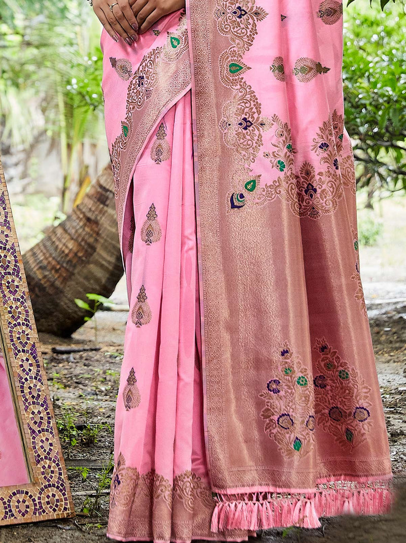 Breathtaking Zari Silk Blend Designer Pink Saree With Soft Zari Weaving - TrendOye