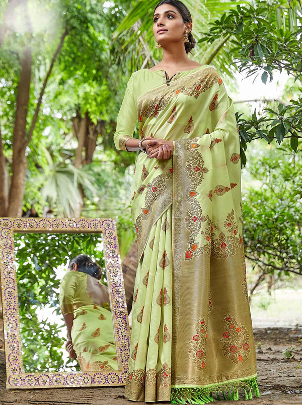 Stunning Zari Silk Blend Designer Rama Green Saree With Soft Zari Weaving - TrendOye