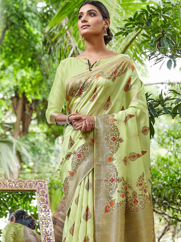 Stunning Zari Silk Blend Designer Rama Green Saree With Soft Zari Weaving - TrendOye