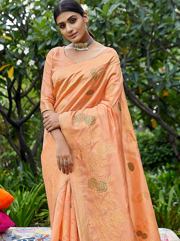 Luxurious Designer Orange Silk Saree With Tassel Border - TrendOye