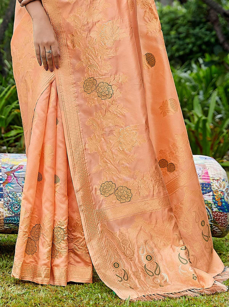Luxurious Designer Orange Silk Saree With Tassel Border - TrendOye