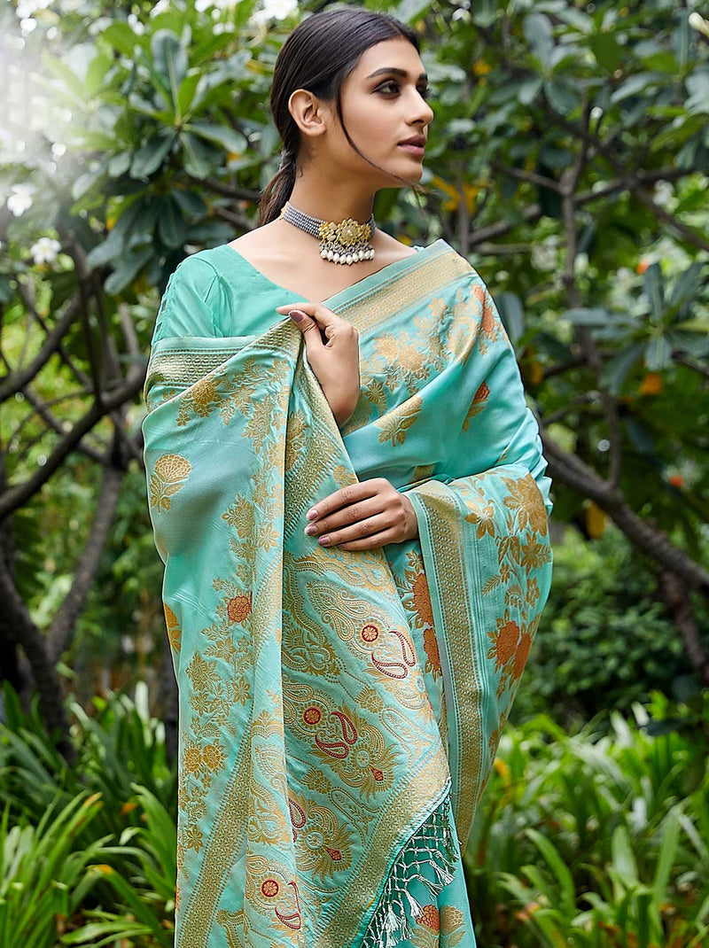 Plush Designer Aqua Blue Silk Saree With Tassel Border - TrendOye