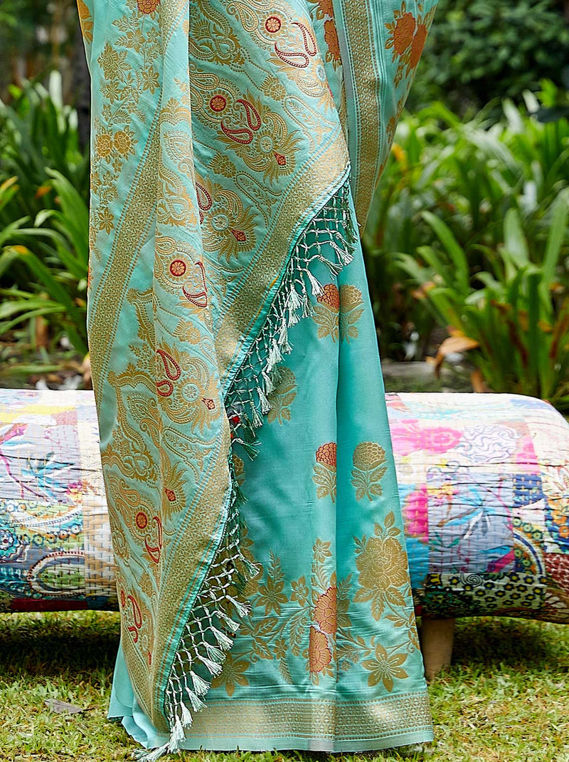 Plush Designer Aqua Blue Silk Saree With Tassel Border - TrendOye