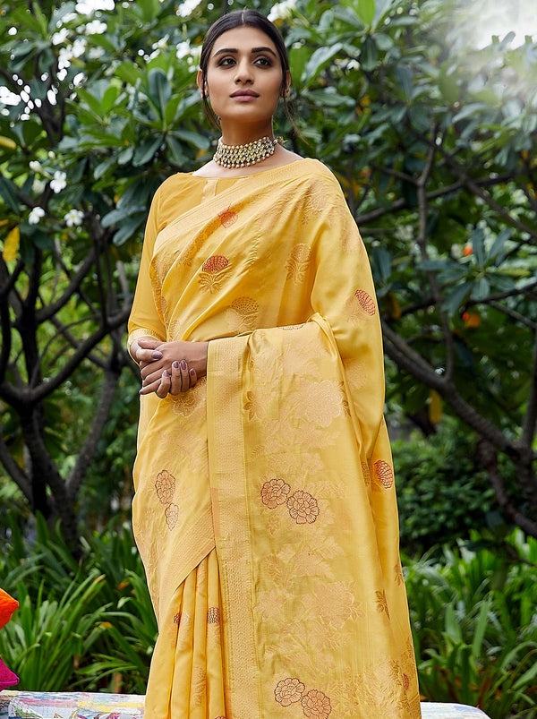 Shiny Designer Yellow Silk Saree With Tassel Border - TrendOye
