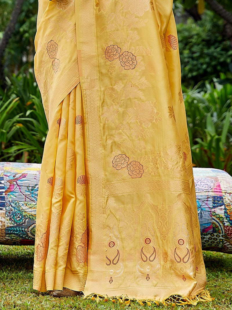 Shiny Designer Yellow Silk Saree With Tassel Border - TrendOye
