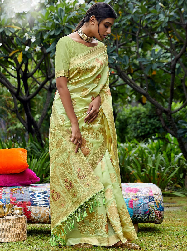 Gleaming Designer Rama Green Silk Saree With Tassel Border - TrendOye