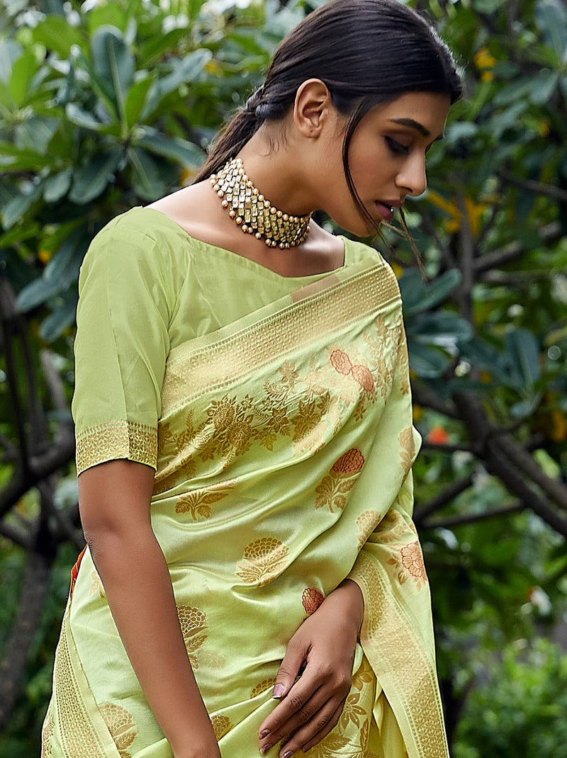Gleaming Designer Rama Green Silk Saree With Tassel Border - TrendOye