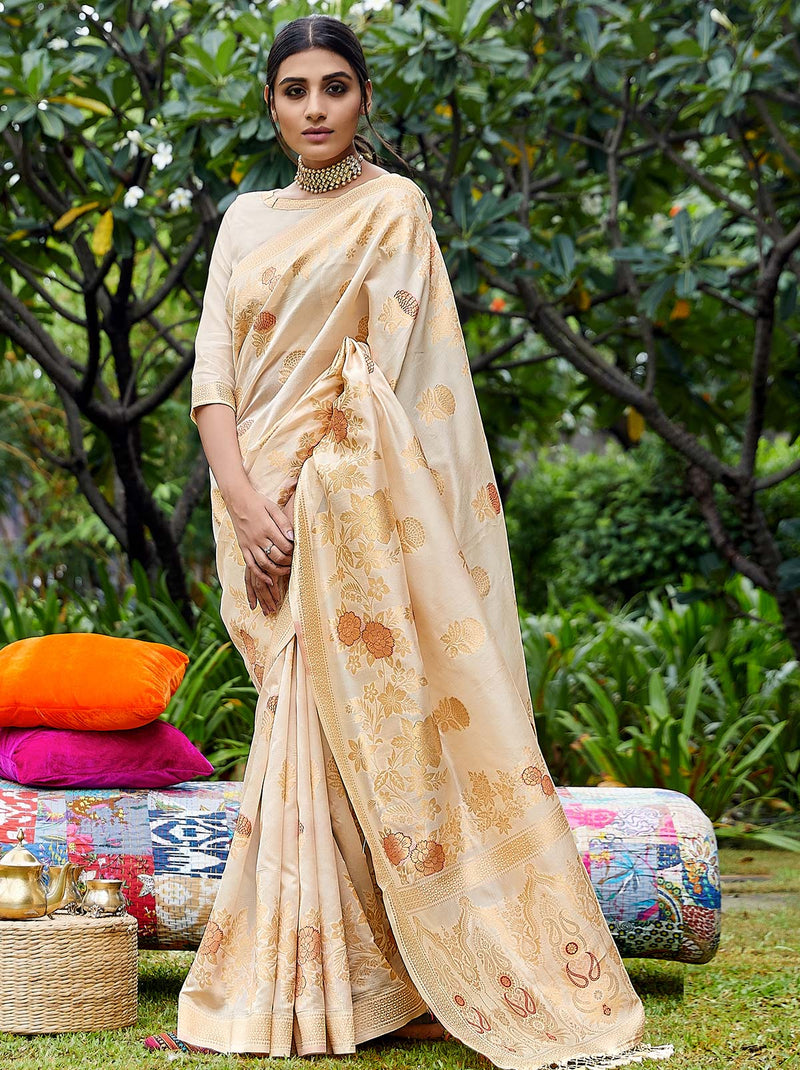 Awe-inspiring Designer Cream Silk Saree With Tassel Border - TrendOye