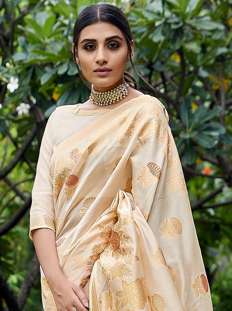 Awe-inspiring Designer Cream Silk Saree With Tassel Border - TrendOye