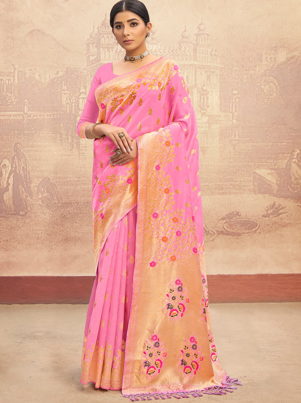 Exquisite Designer Pink Silk Saree With Zari Border and Tassel - TrendOye