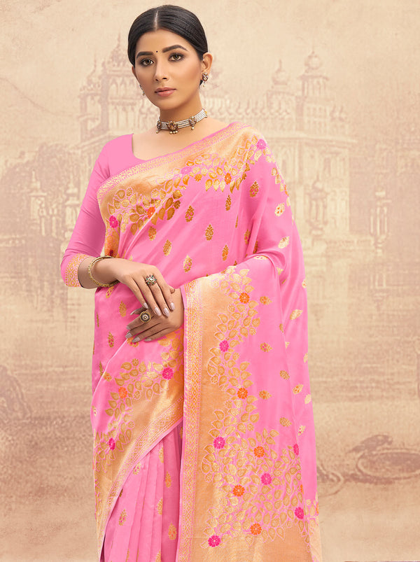 Exquisite Designer Pink Silk Saree With Zari Border and Tassel - TrendOye