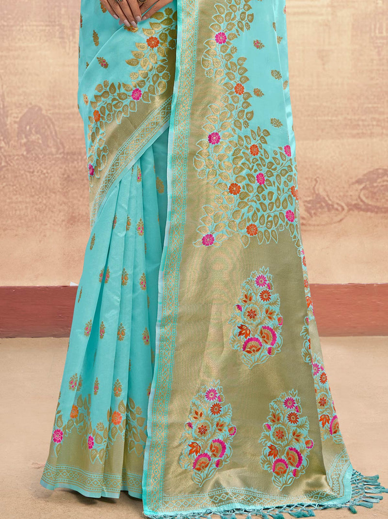 Marvellous Designer Blue Silk Saree With Zari Border and Tassel - TrendOye