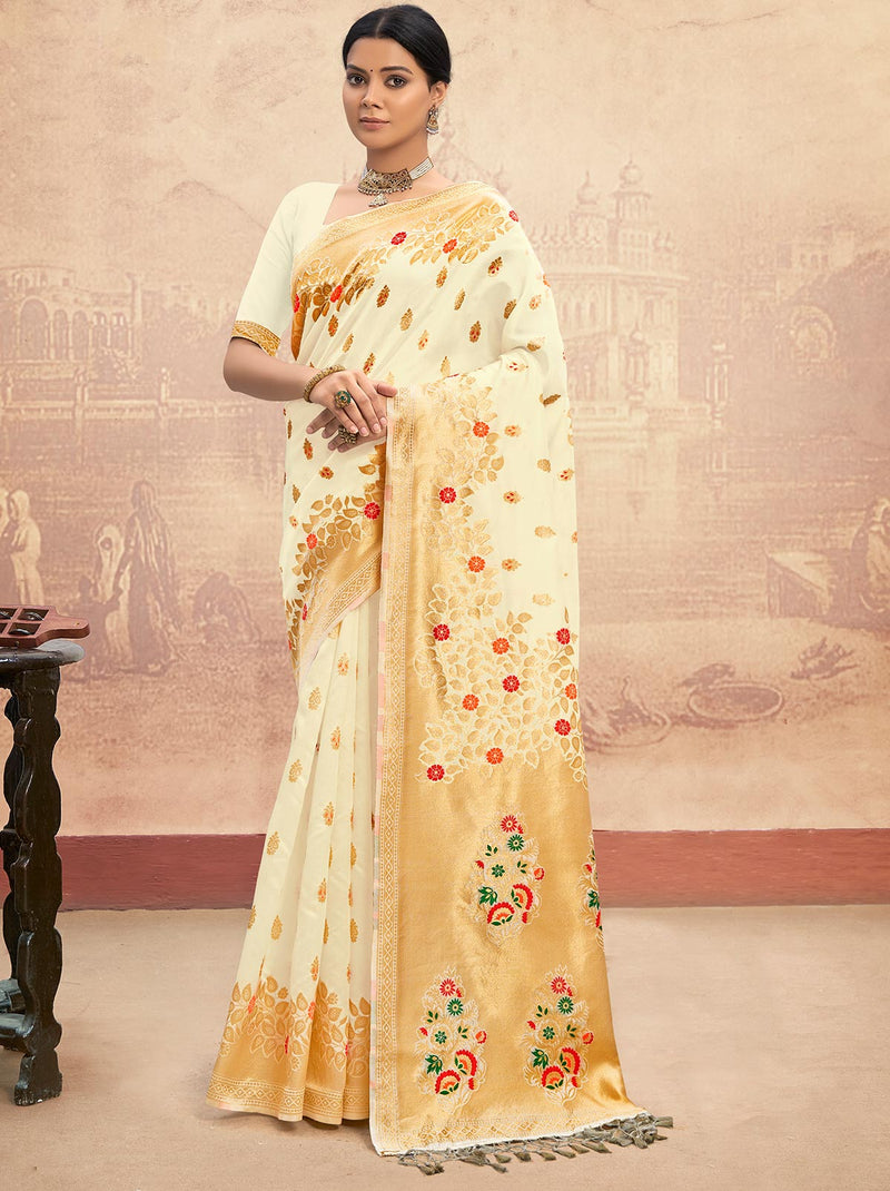 Splendid Designer Cream Silk Saree With Zari Border and Tassel - TrendOye