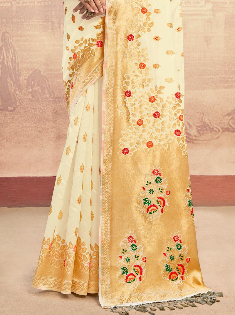 Splendid Designer Cream Silk Saree With Zari Border and Tassel - TrendOye