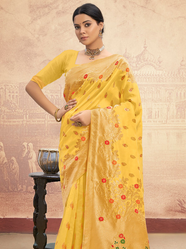 Delicate Designer Yellow Silk Saree With Zari Border and Tassel - TrendOye