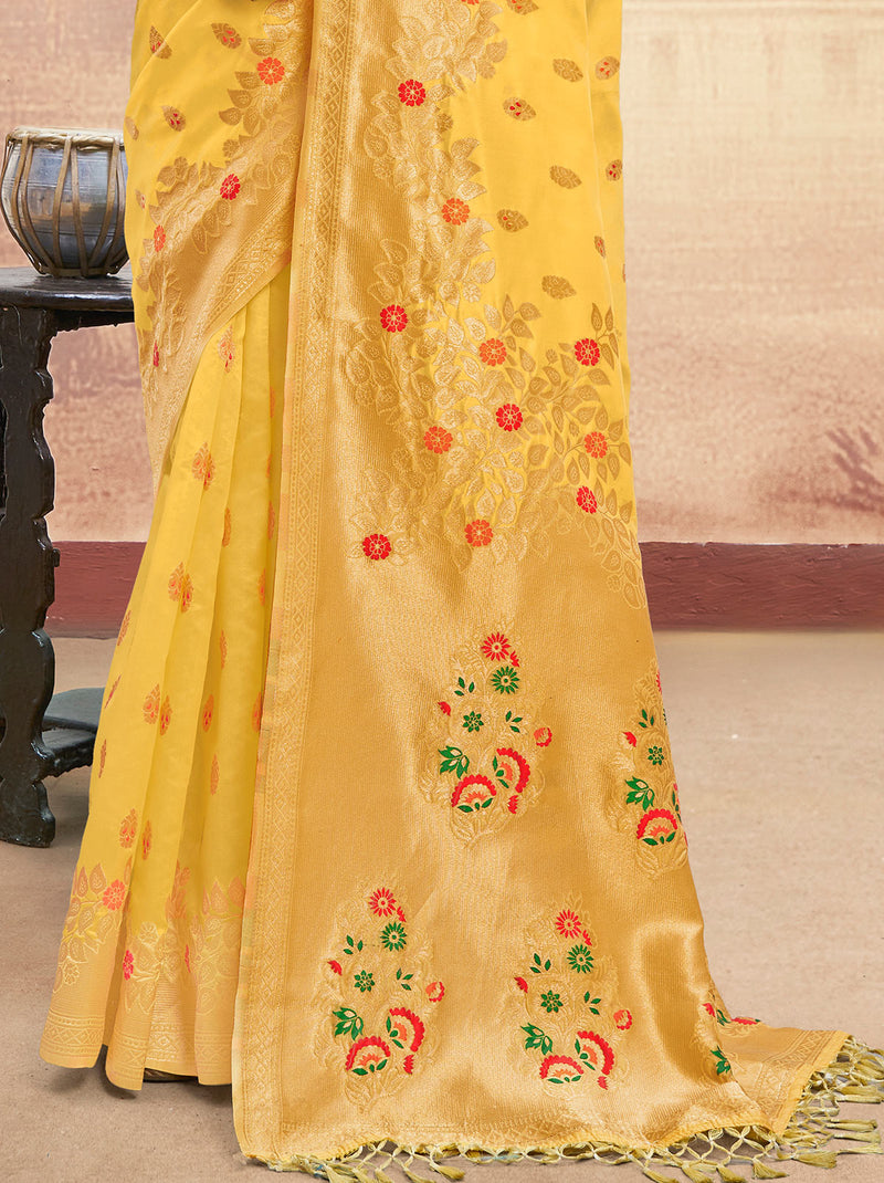 Delicate Designer Yellow Silk Saree With Zari Border and Tassel - TrendOye