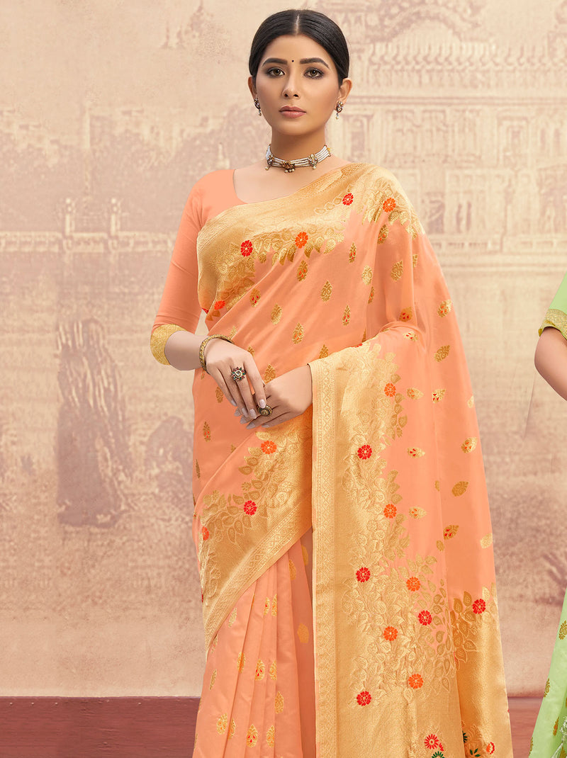 Benign Designer Orange Silk Saree With Zari Border and Tassel - TrendOye