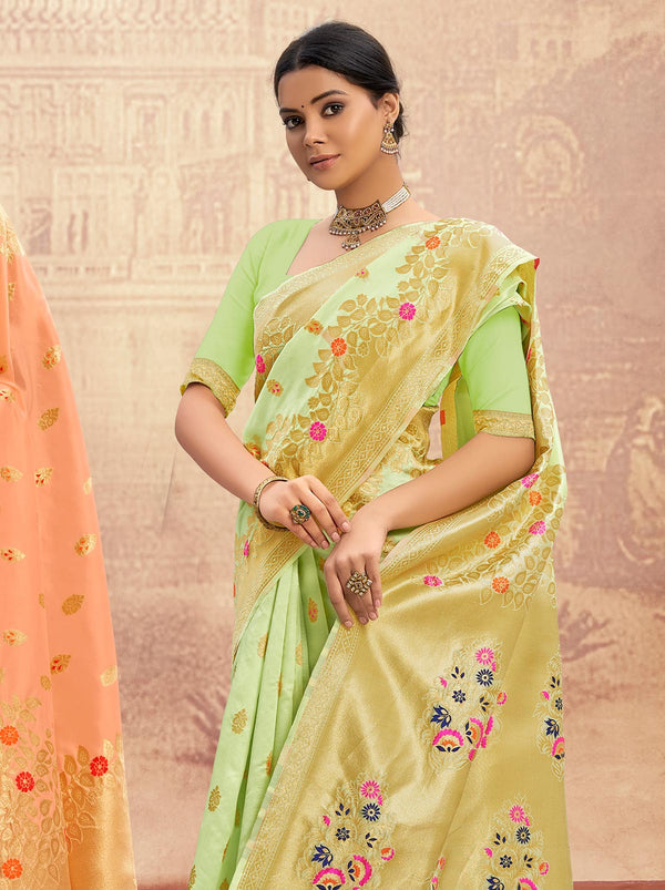 Sheer Designer Lime Green Silk Saree With Zari Border and Tassel - TrendOye