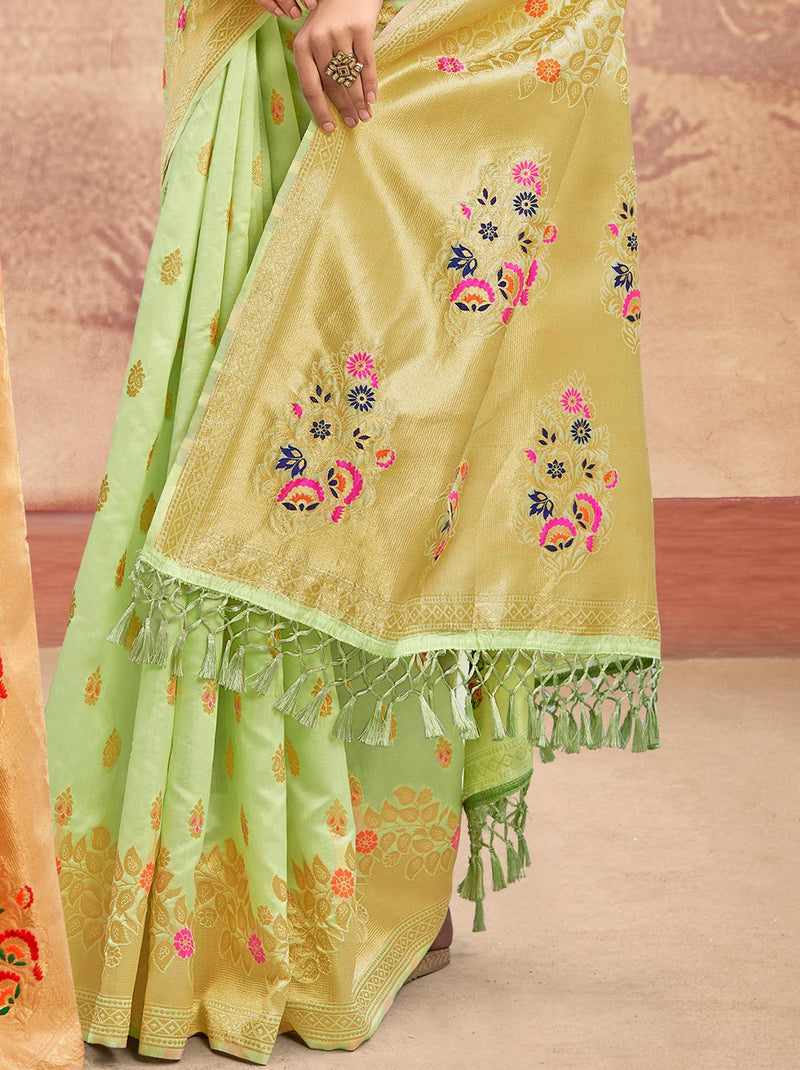 Sheer Designer Lime Green Silk Saree With Zari Border and Tassel - TrendOye