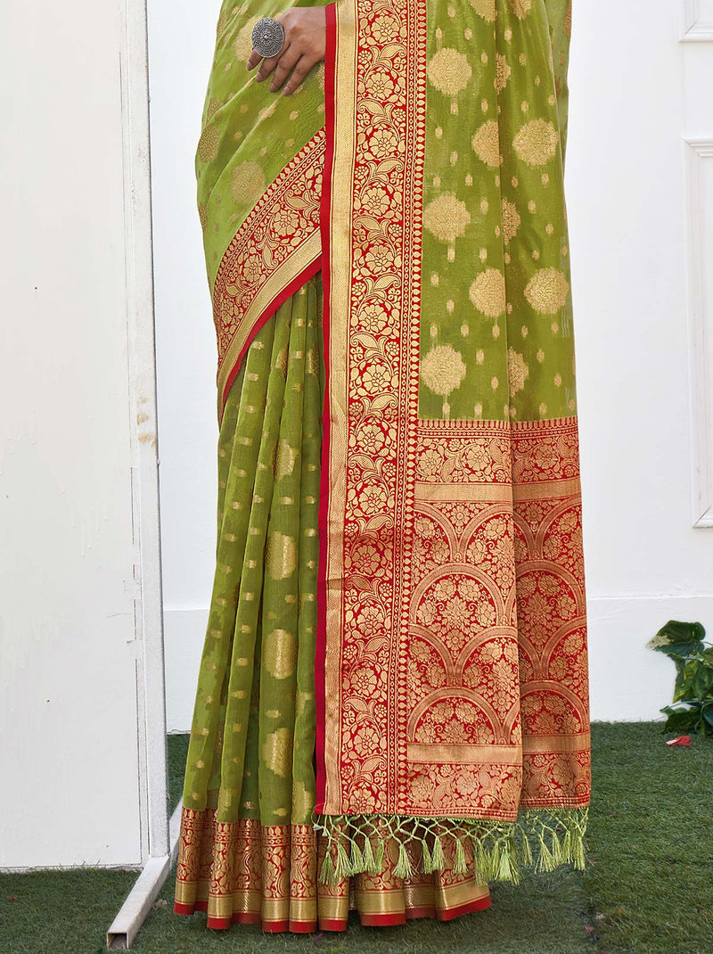 Leaf Light Green TrendOye Saree With Contrast Border Woven Detailing - TrendOye