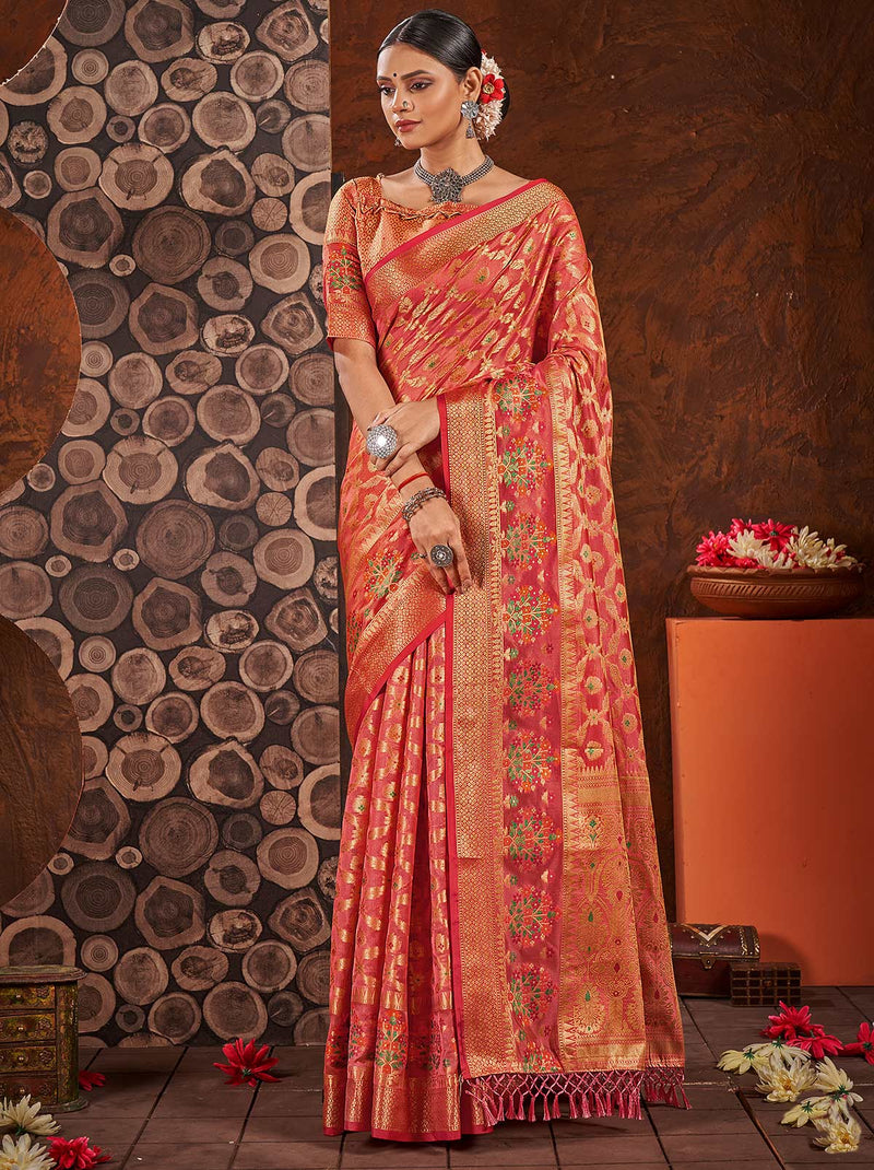 Coral Orange TrendOye Saree With Meshed Tassels - TrendOye