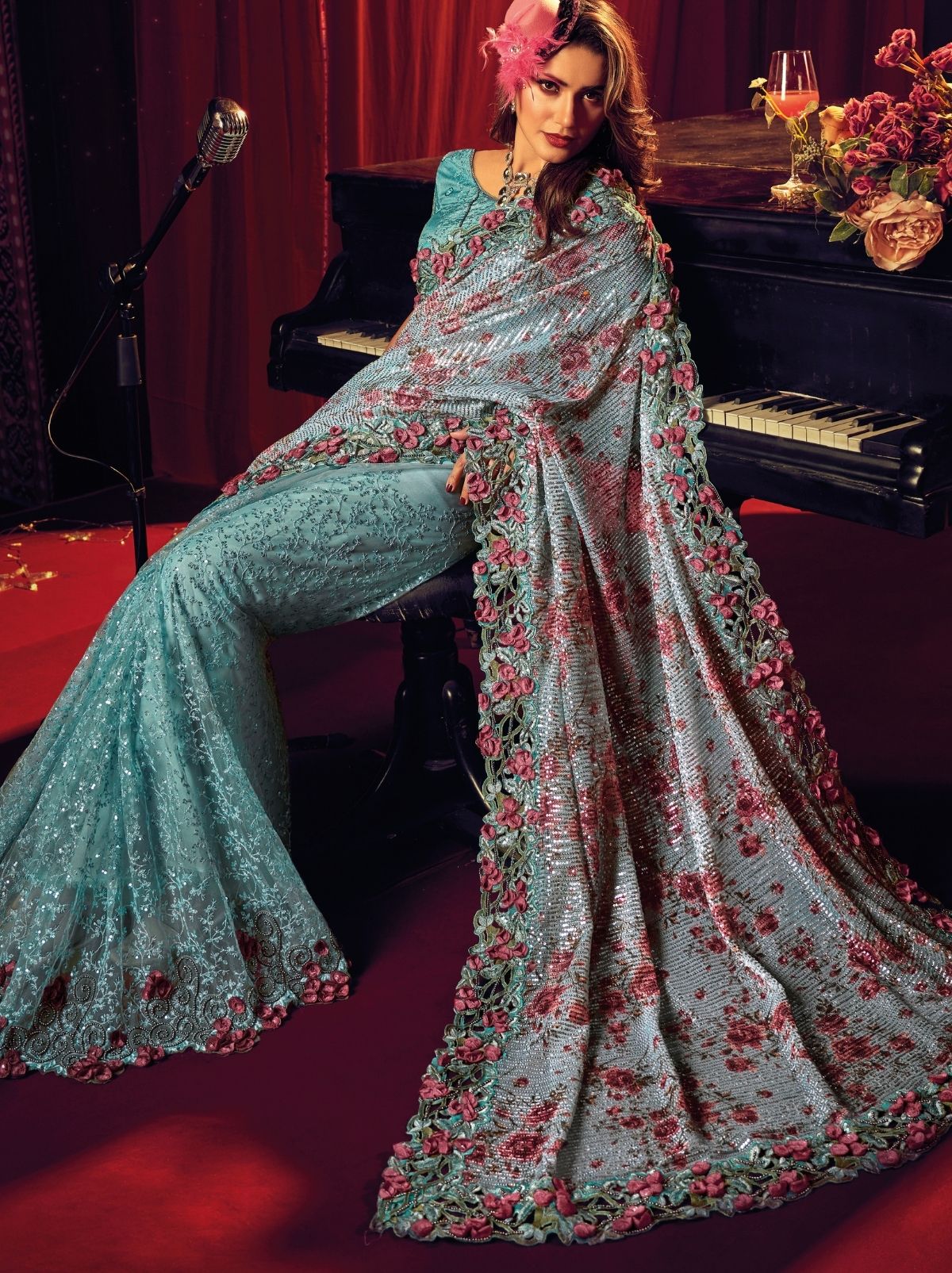 Aqua Blue Premium Designer Net Saree - TrendOye