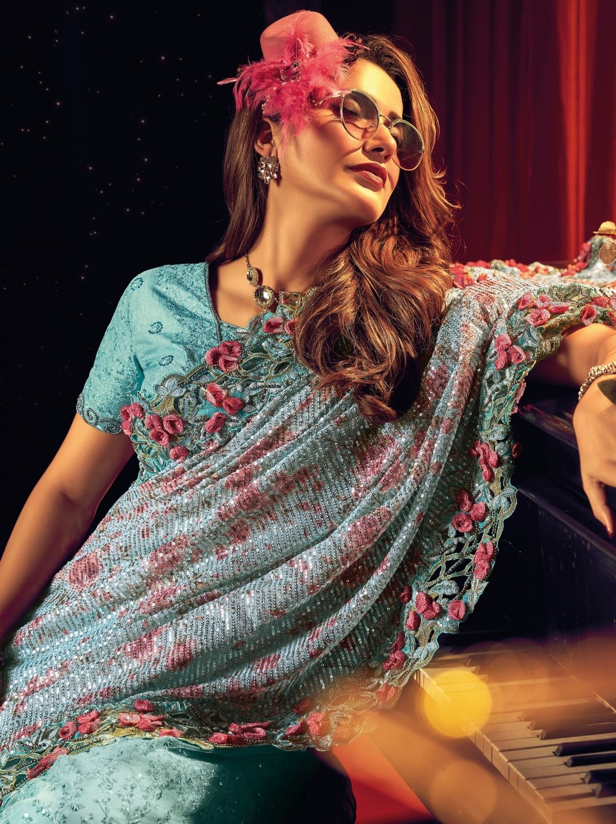 Aqua Blue Premium Designer Net Saree - TrendOye