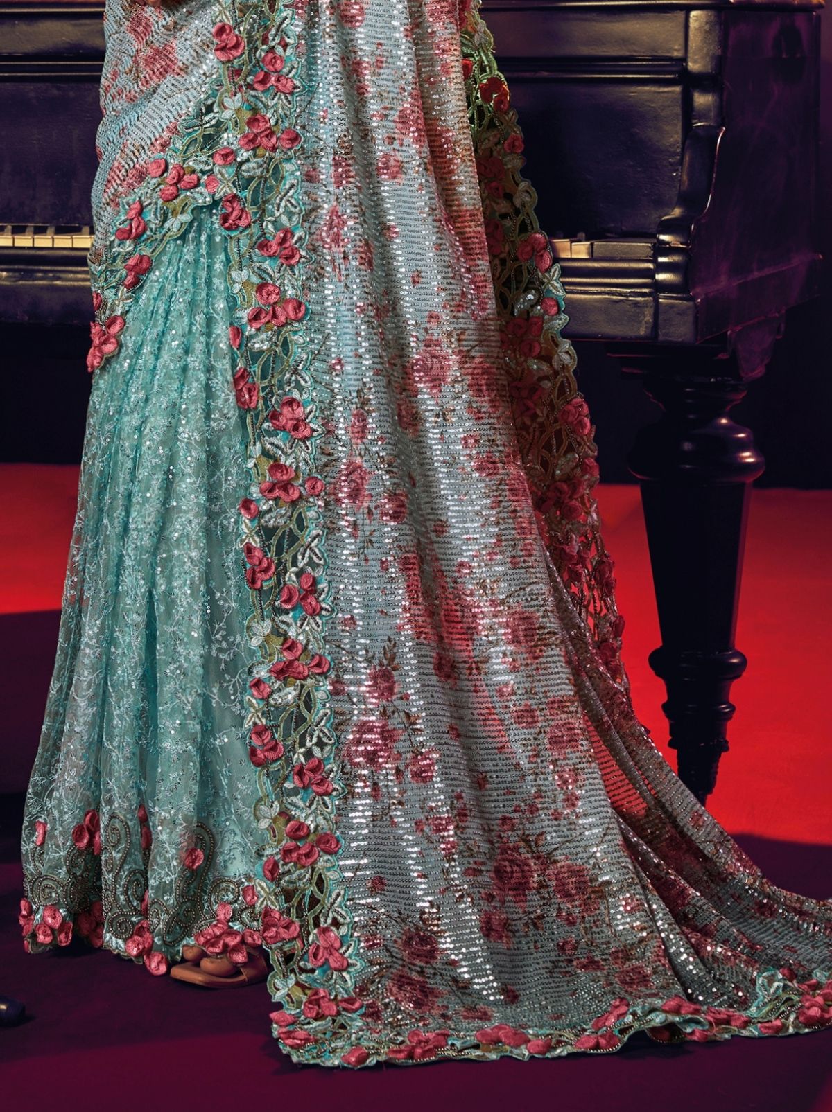Aqua Blue Premium Designer Net Saree - TrendOye