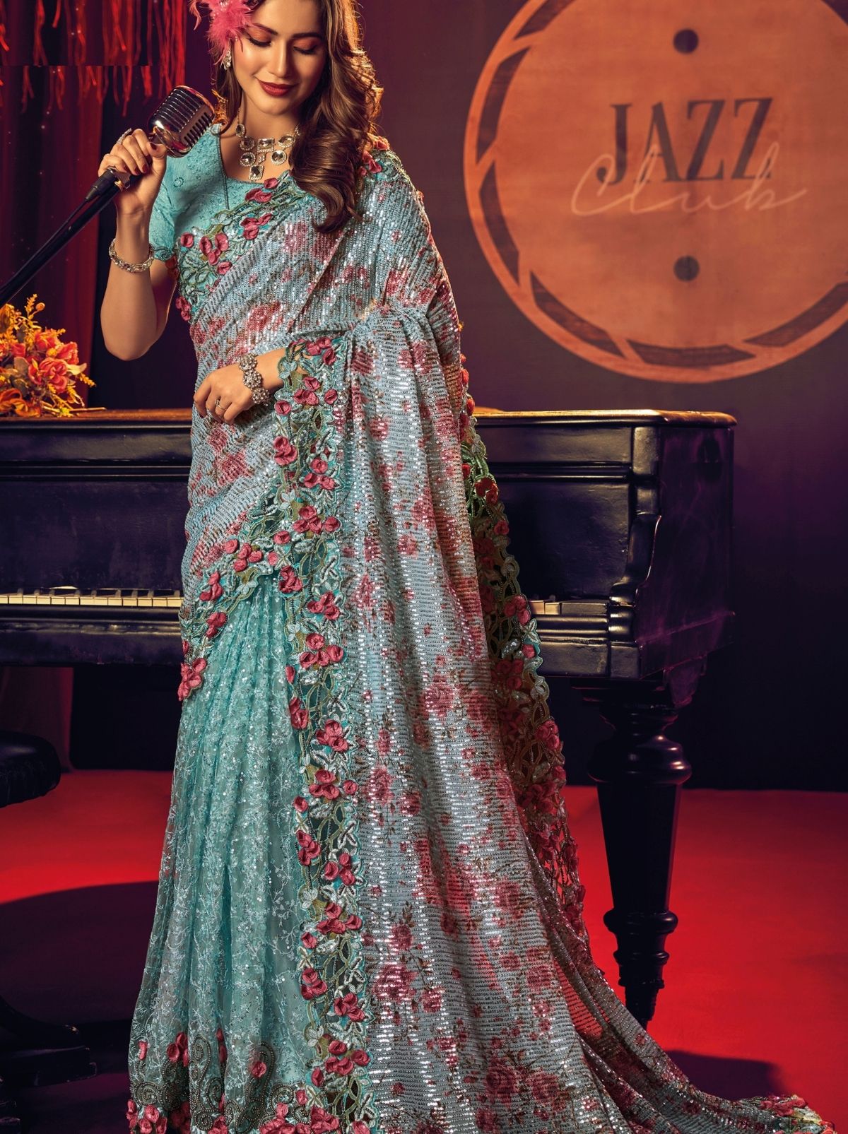 Aqua Blue Premium Designer Net Saree - TrendOye