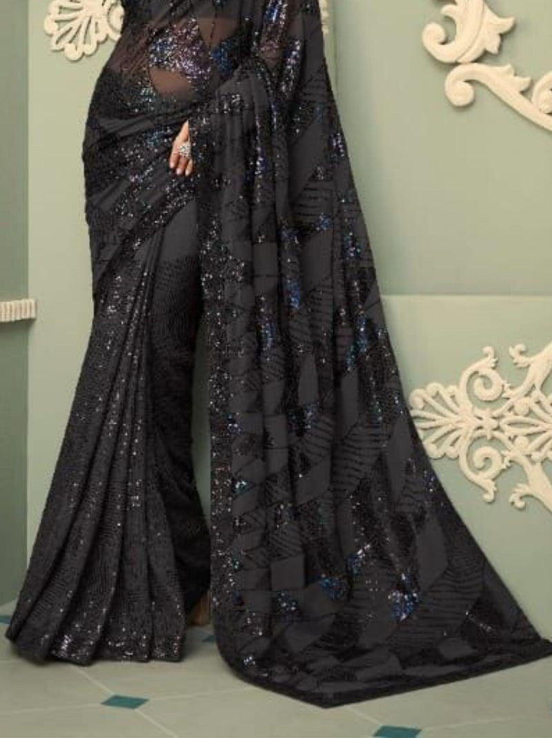 Black Sequin Designer Saree - TrendOye