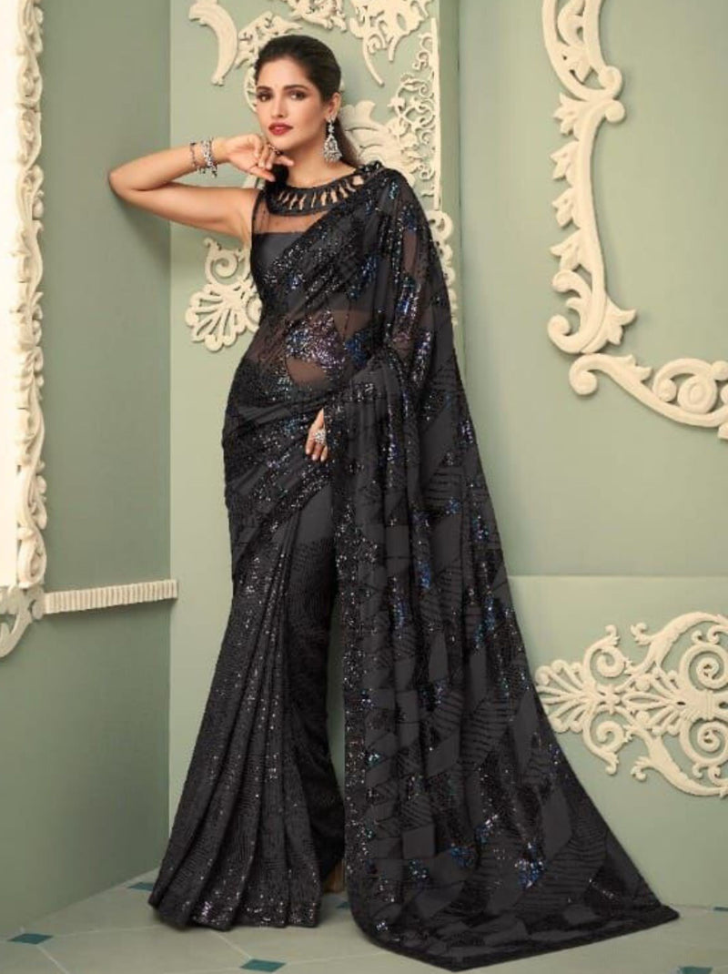 Indian Black Designer Wedding Wear Saree Georgette Embroidery Lace Border  Mirror With Blouse Saree Sari. - Dealbazaars - 1462111