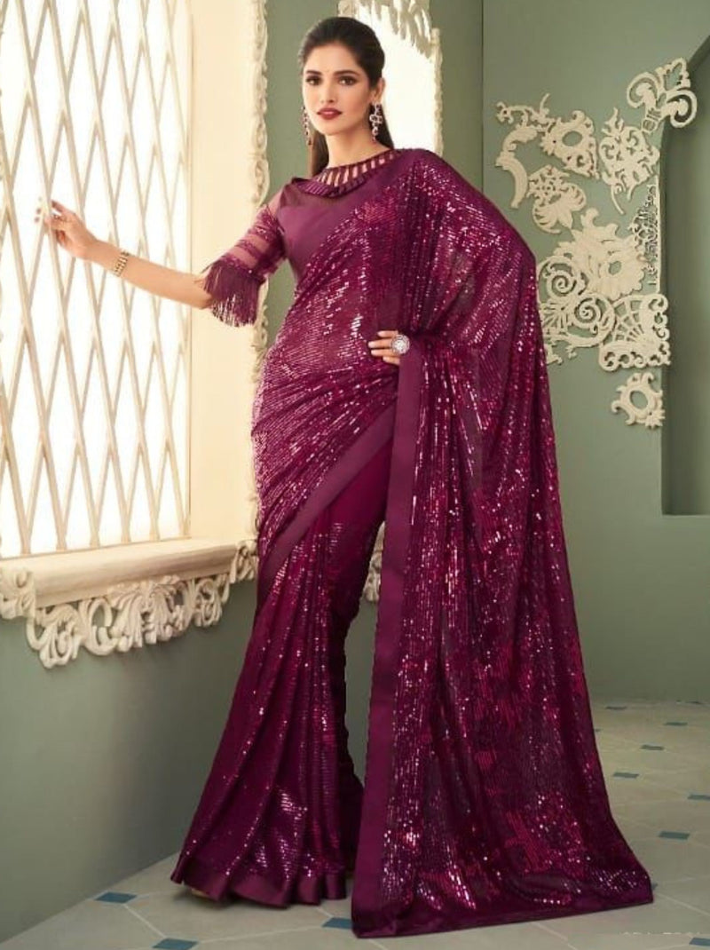Imperial Wine Color Silk Saree With Heavy Embroidered Blouse