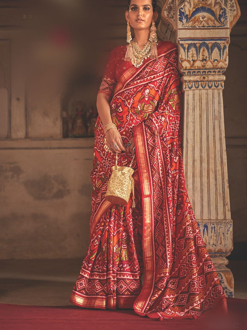 Fire-Brick Red Patola Silk Designer Saree - TrendOye