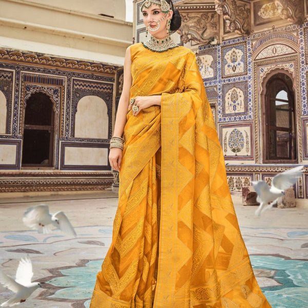 Golden Yellow Embroidered Silk Saree - Urban Womania