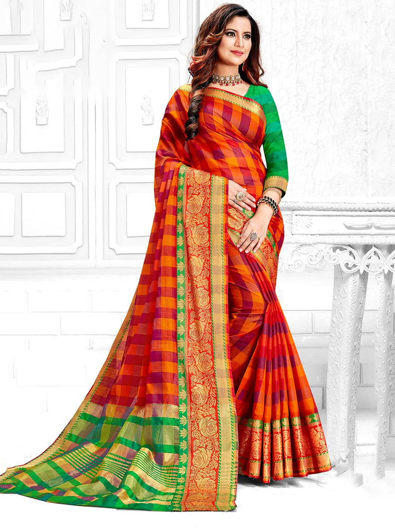 Lovely Cotton Blend Checkered Saree In Red - TrendOye