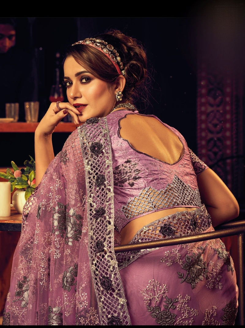 Thulian Pink Premium Designer Net Saree - TrendOye
