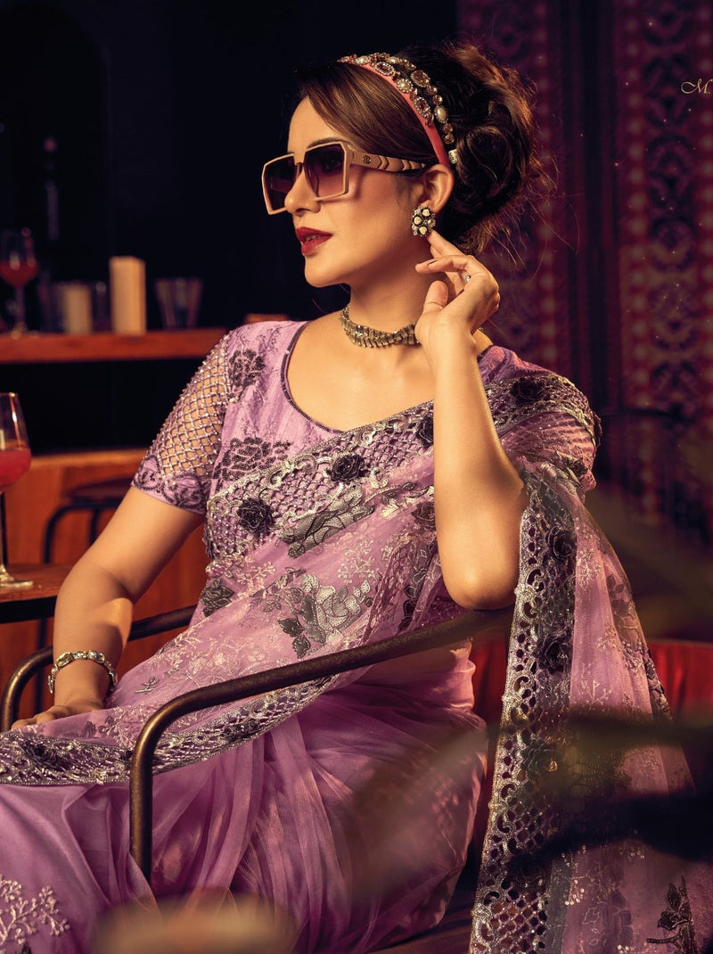 Thulian Pink Premium Designer Net Saree - TrendOye