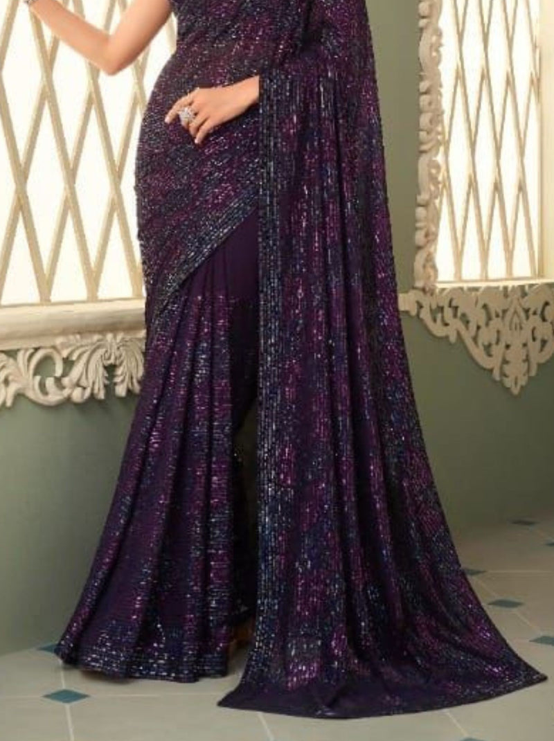 Black Purple Sequin Designer Saree - TrendOye