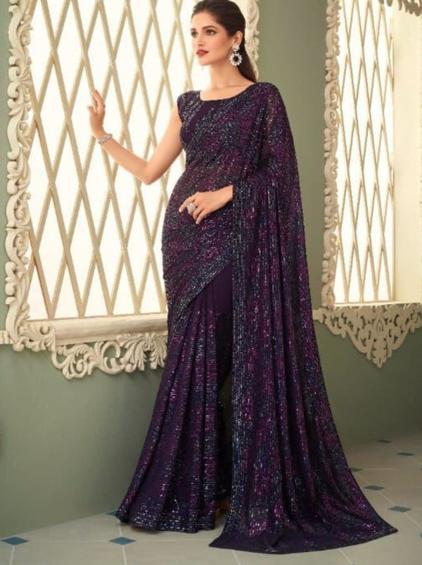 Black Purple Sequin Designer Saree - TrendOye