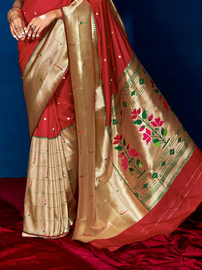 Ravishing Red Paithani Silk Festive Saree - TrendOye