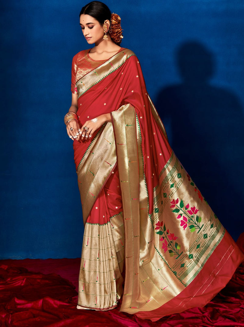 Ravishing Red Paithani Silk Festive Saree - TrendOye