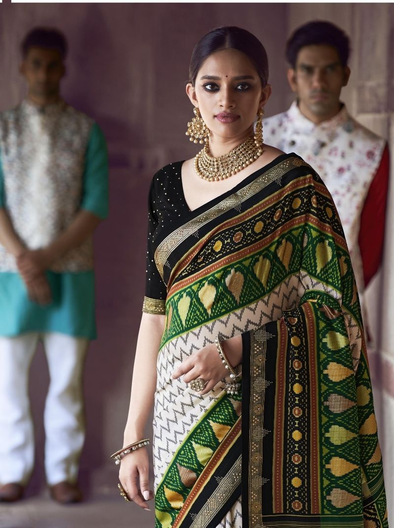 Green-White Cotton Jacquard Hand Printed Designer Patola Saree - TrendOye
