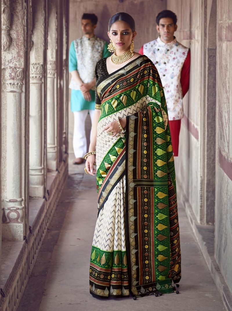 Green-White Cotton Jacquard Hand Printed Designer Patola Saree - TrendOye