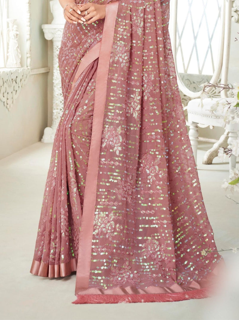 Thulian Pink Soft Georgette Designer Saree - TrendOye