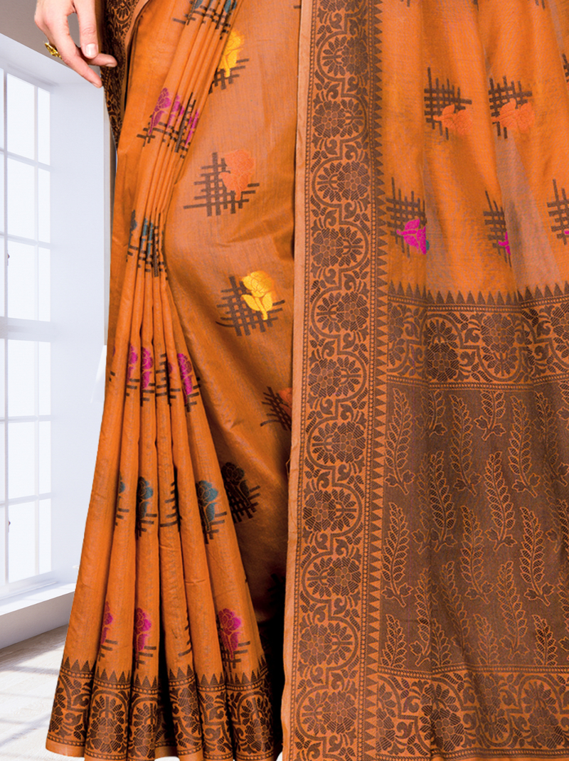 Enchanting Cotton Blend Saree In Orange - TrendOye
