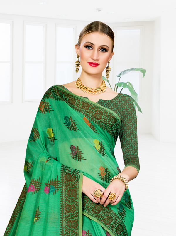 Glamorous Cotton Blend Saree In Green - TrendOye