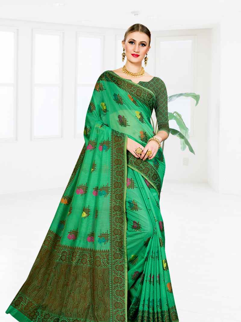Glamorous Cotton Blend Saree In Green - TrendOye